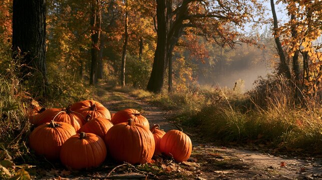 Scenic autumn forest path beside a vibrant pile of fresh orange pumpkins in morning light