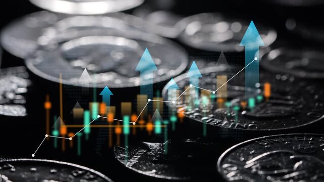 Investment profit chart, candlestick graph with rising arrows over pile of silver coins in dark light