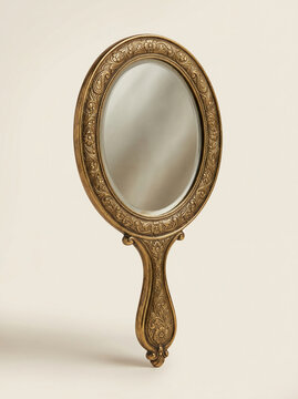 Ornate Oval Hand Mirror with Antique Gold Floral Engraving and Decorative Handle
