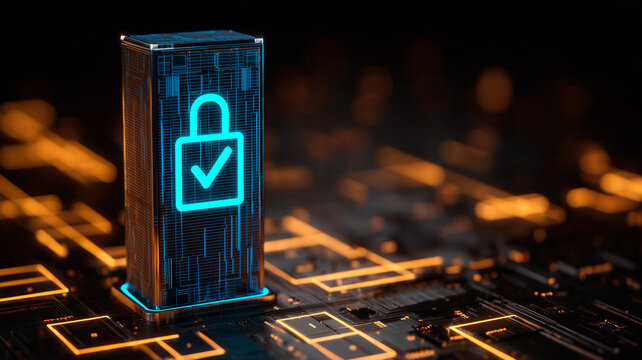 A digital server tower displaying a verified padlock symbol represents protected infrastructure and secure data management.