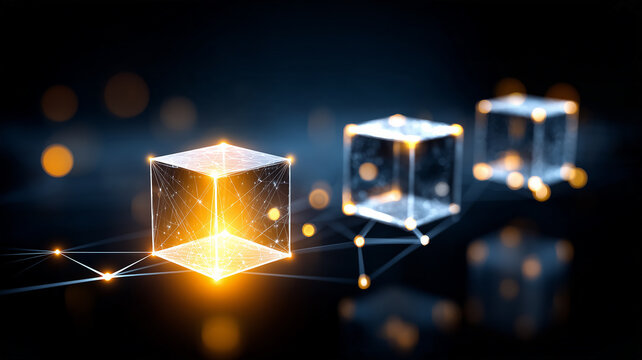 Transparent digital cubes linked through a network represent blockchain technology and secure decentralized data exchange.
