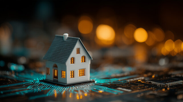 A miniature house standing on an illuminated electronic circuit board represents smart home automation and the future of connected residential technology.