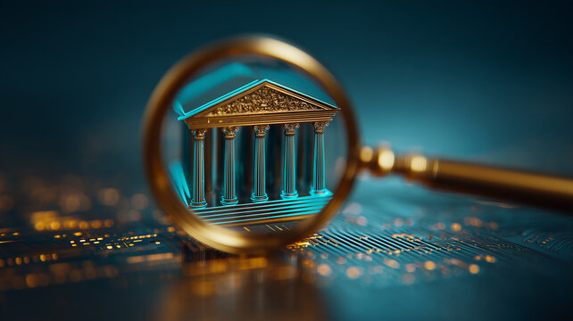 A magnifying glass focusing on a classical bank building above electronic circuits represents financial compliance audits and banking risk assessment.