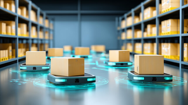 Cardboard packages carried by autonomous robots through a modern warehouse illustrate automated order fulfillment and intelligent logistics.