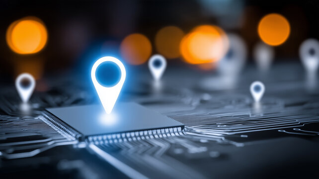Location pins displayed above an electronic microchip illustrate digital geolocation technology and intelligent positioning systems.