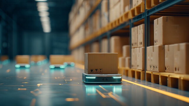 An autonomous mobile robot carrying a cardboard box through a warehouse illustrates automated logistics and intelligent order fulfillment.