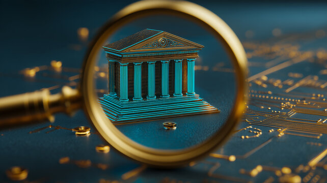 A magnifying glass examining a classical bank building on an electronic circuit board represents banking regulation and financial technology audits.