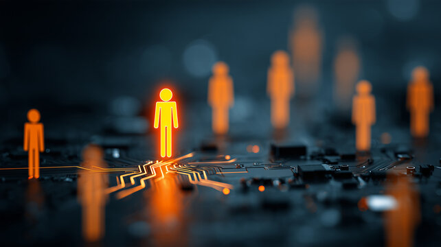 An illuminated human figure connected to a digital circuit network among other people representing talent identification and workforce connectivity.