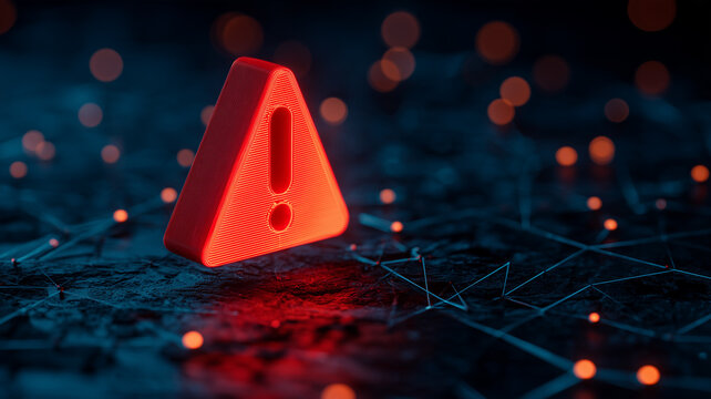 A warning triangle with an exclamation mark over a digital network illustrating cybersecurity threats and critical system alerts.