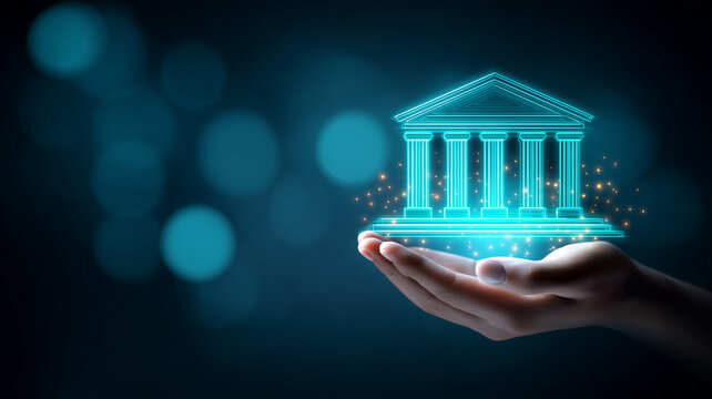 An open hand supporting a holographic bank building symbolizing digital banking and modern financial services.