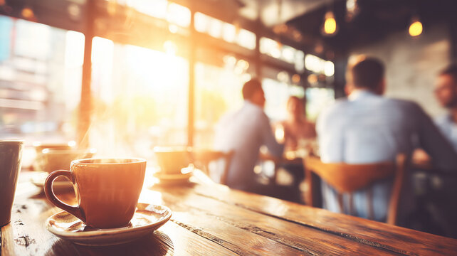 A steaming cup of coffee on a cafe table with people socializing in the background illustrating relaxation and a welcoming coffeehouse atmosphere.