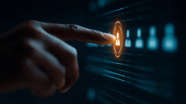 A finger selecting a human profile icon on a digital interface representing talent recruitment and online identity management.