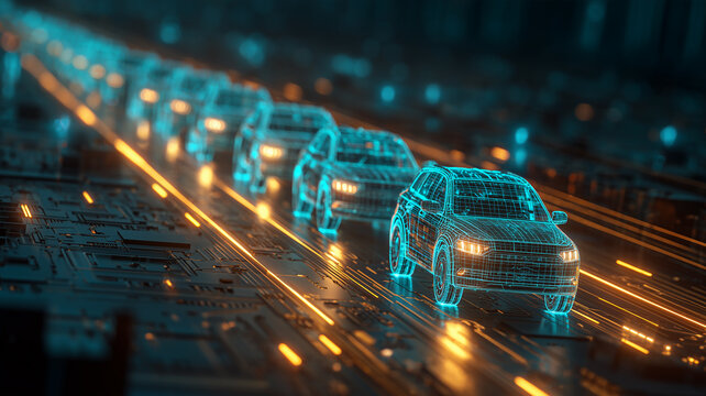Digital wireframe cars traveling along an illuminated electronic roadway illustrating connected vehicle technology and autonomous transportation systems.
