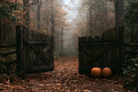 Rustic wooden gates open to a misty autumn forest pathway covered in fallen brown leaves and glowing pumpkins