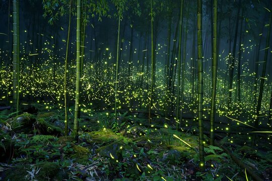 Magical glowing fireflies flying in a dark magical green forest at night