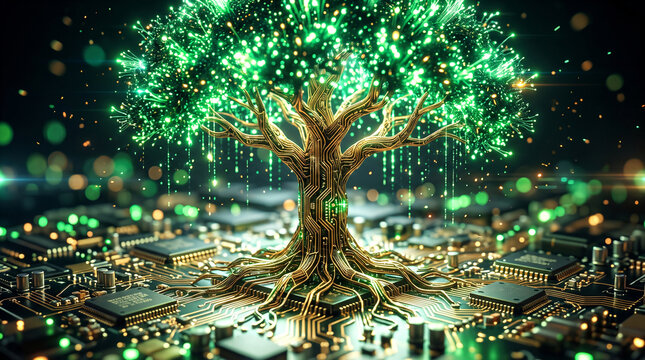 Digital tree made of circuit board patterns with glowing green fiber optic leaves growing from a computer motherboard background