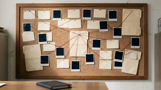 Detective investigation cork board with connected polaroid photos and paper documents for criminal case analysis