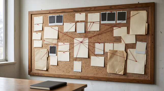 Detective evidence board with red string connection map on cork wall in a professional office setting