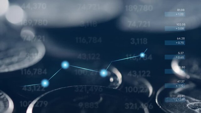Financial data analysis, rising line graph and numbers over silver coins for accounting and investment