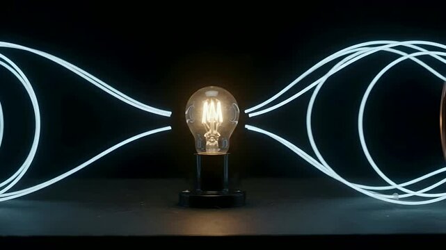 Glowing Electromagnetic Field Lines Between Copper Coils Powering Light Bulb in Dark Studio