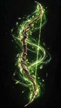 Rugged ranger with a glowing longbow fueled by green wind energy in a fantasy setting