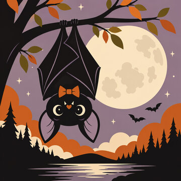 Adorable Halloween illustration of a small bat hanging upside down from an autumn tree branch beneath a glowing full moon above a quiet forest lake.