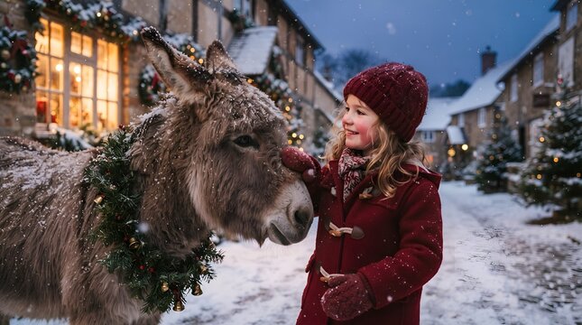 Little girl in red winter clothing greeting a donkey decorated with festive holly wreath