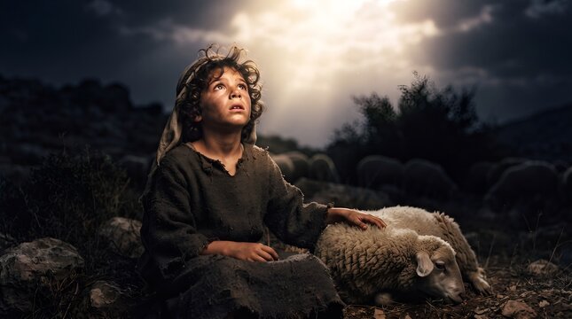 Young shepherd boy kneeling beside sheep looking up at bright light