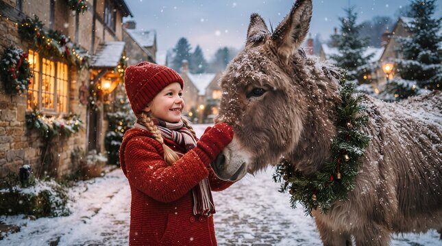 Child wearing red attire petting a donkey decorated with holly during snowy holiday