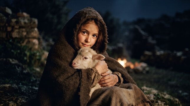 Young girl wrapped in a rustic shawl holding a small lamb at night with human interest