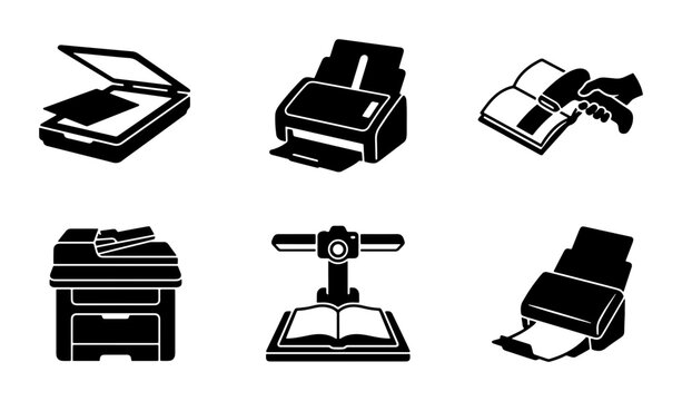 Scanner and printer silhouettes set with office equipment for document scanning and printing, logo and signage