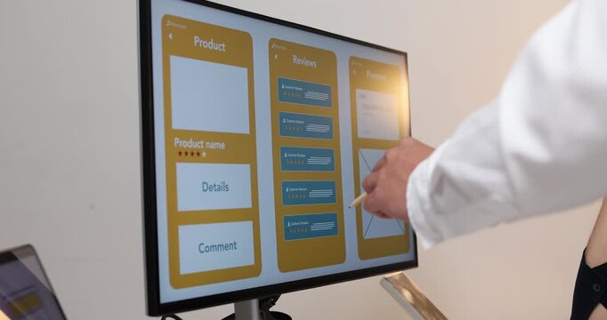 UX UI design and user experience development, featuring creative professionals collaborating on interface layouts, reviewing design prototypes, and refining visual elements to create intuitive.