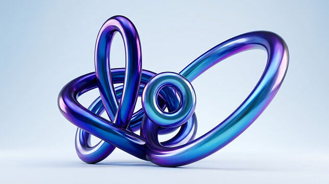 Iridescent metallic intertwined rings forming a complex sculptural knot with band abstract object form circular shape