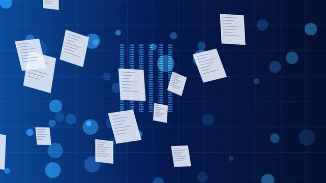 Digital documents floating over abstract blue grid background with glowing data points and numbers moving around