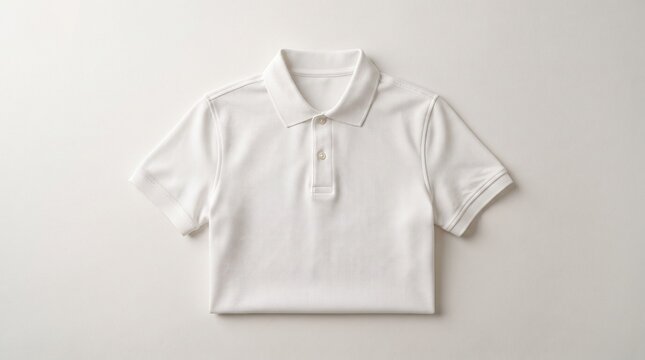 White polo shirt mockup laid flat on beige background, blank collared top with buttons for branding, embroidery, uniform, and apparel ecommerce listing copy space