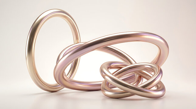 Interlocking circular loops with a soft rose gold metallic sheen on light surface metal interlocked rings geometric shape abstract