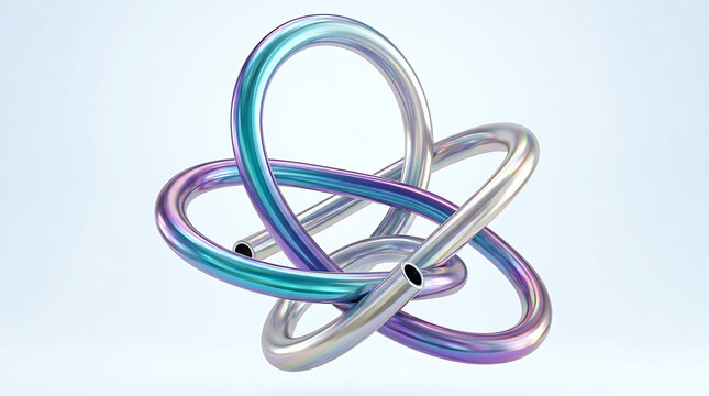 Abstract atomic style structure of intersecting rings with iridescent gradient finish metal loops interlocked geometric shape 3D render