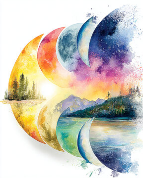 Watercolor wall art spiritual watercolor wall art watercolor illustration of moon phases transitioning through colorful landscape with forest and lake