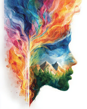 Watercolor wall art spiritual watercolor wall art profile silhouette of human head filled with colorful watercolor mountains and forest landscape