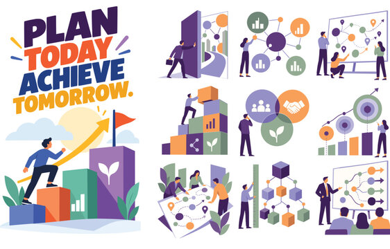 Business Strategic Planning and Goal Achievement Vector Illustration Set