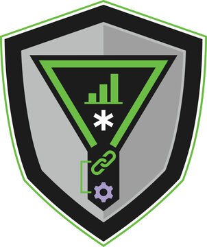 Cybersecurity Shield with Data Analytics Funnel and Blockchain Link