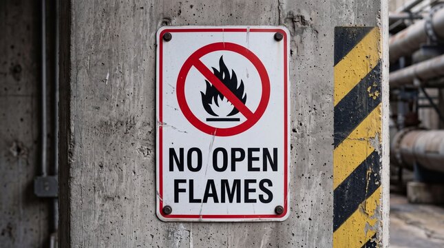 Industrial warning sign prohibiting open flames mounted on a weathered concrete pillar in a restricted facility environment where safety protocols must be followed to prevent accidental ignition