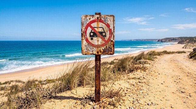 Old weathered metal prohibition sign forbidding cars on the sandy path overlooking the blue ocean waves crashing onto the shore during a sunny day with dunes covered in coastal grass in Portugal