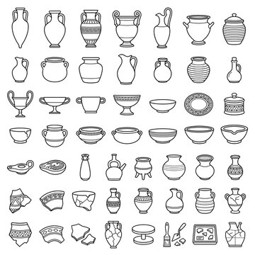 Historical pottery collection showcasing various ancient ceramic containers amphorae jugs bowls and decorative vessels used for storage throughout different human civilizations across the many