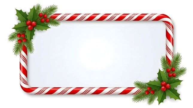 Christmas Candy Cane Border Frame with Holly Berries and White Copy Space