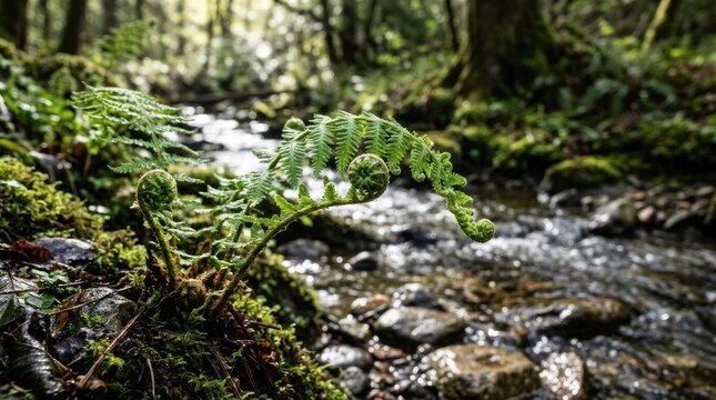 Lush Forest Stream with Ferns and Mossy Rocks.