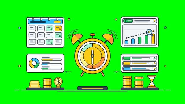 Time value of money and market timing alarm clock animation with financial charts and planning dashboard on Background Green Screen for chroma key investing, finance education and market strategy