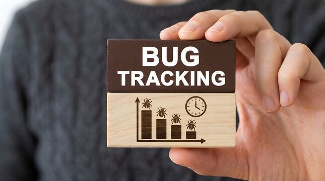 Bug tracking system concept shown on wooden blocks held by a person for software quality assurance and development management