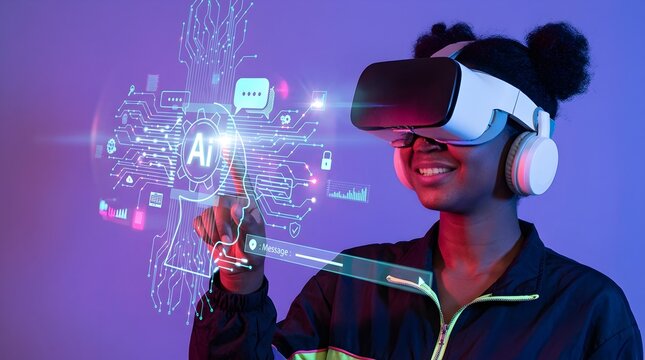 Young African American woman using virtual reality goggles to interact with advanced artificial intelligence holographic interface in cyberspace