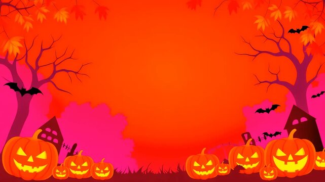 Vibrant Halloween background illustration with multiple glowing jack-o-lantern pumpkins, creepy trees, and flying bats under orange sky